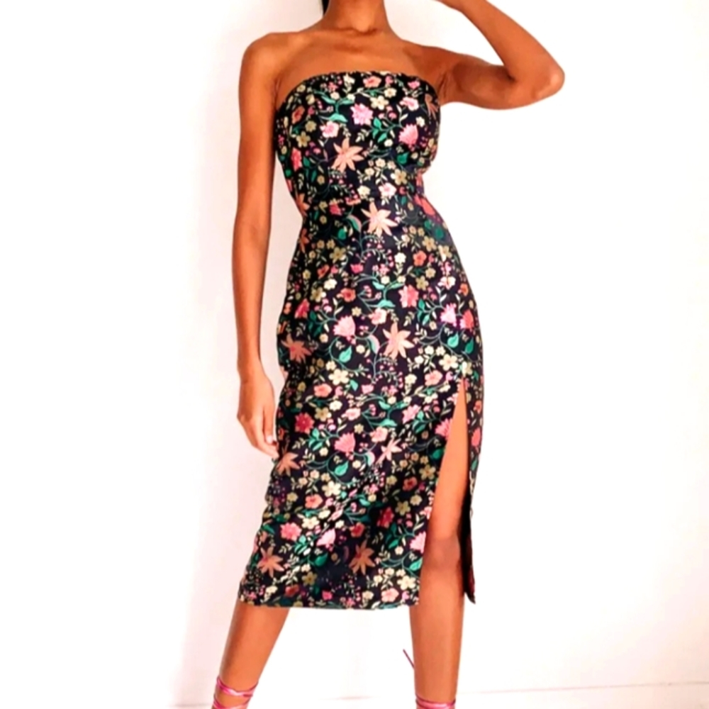 Lulus Black Satin Floral Jacquard Strapless Midi Dress Size Large